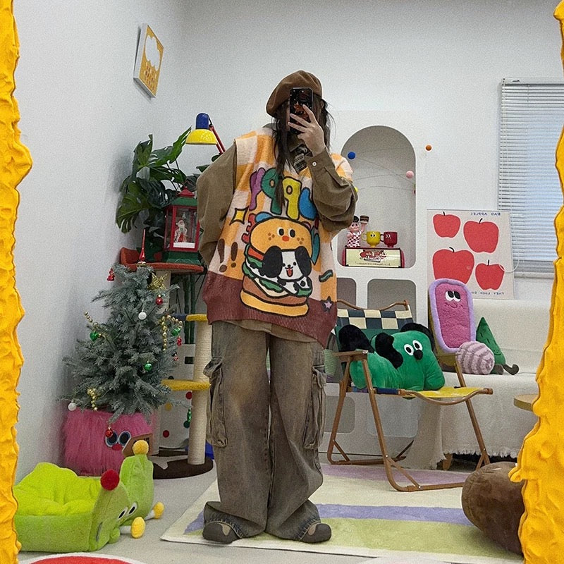 Innocent cute puppy burger pattern vest oversize oversized sweater🐶🍔