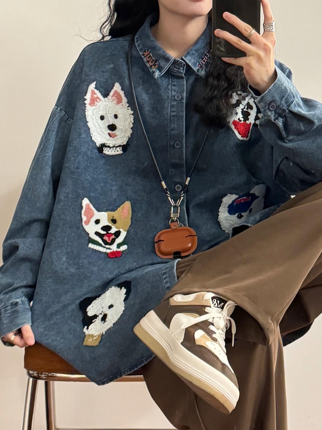 Summer American Retro Childlike Cartoon Dog Towel Embroidery Long Sleeve Shirt Tops Women's Trend