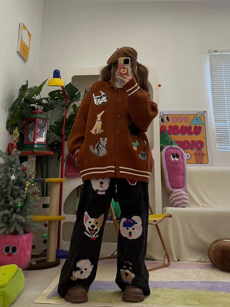 Vintage Angora Red Coffee Embroidery Loose Round Neck Button Cardigan Sweater Top Autumn and Winter Thick Wool