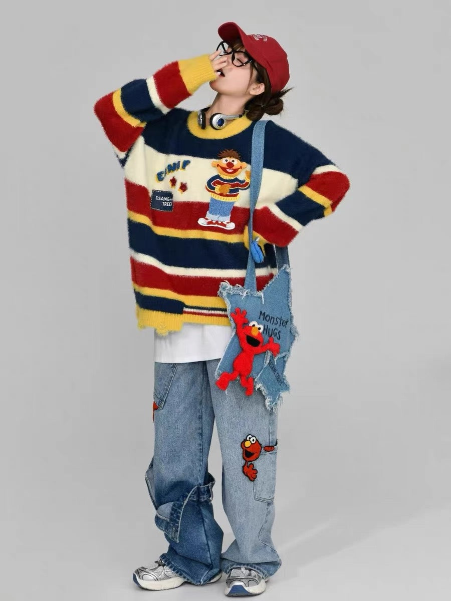 Round-neck sweater with a Japanese cartoon pattern.❤️🤍