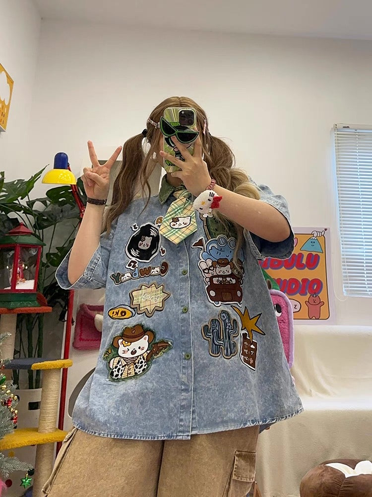 homemade cute cartoon embroidery washed loose large size short-sleeved denim shirt shirt with tie summer