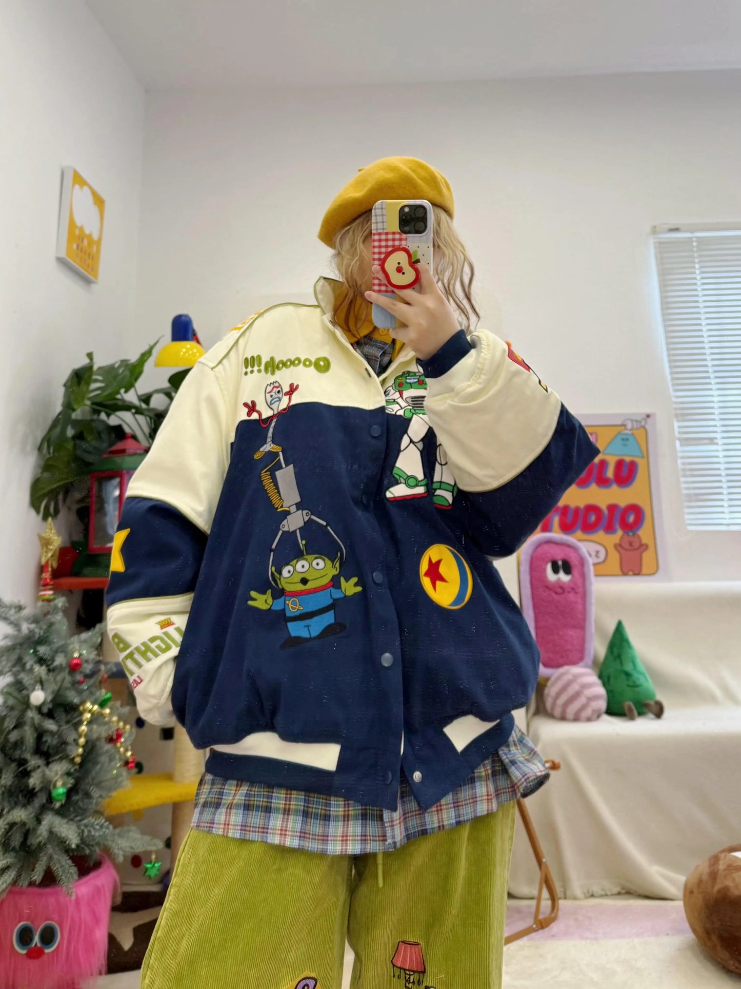 Retro childlike cartoon heavy embroidery contrast color unisex couple loose cotton coat jacket