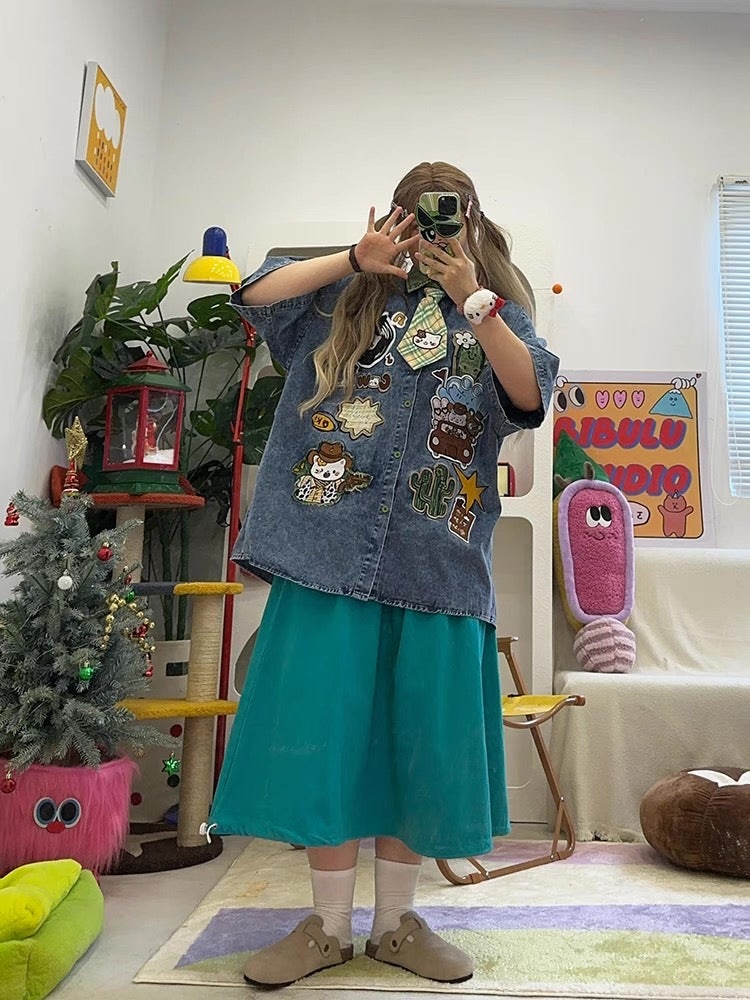 homemade cute cartoon embroidery washed loose large size short-sleeved denim shirt shirt with tie summer