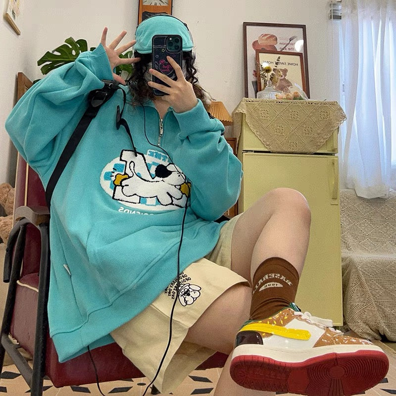 Oversize puppy embroidered shirt🩵