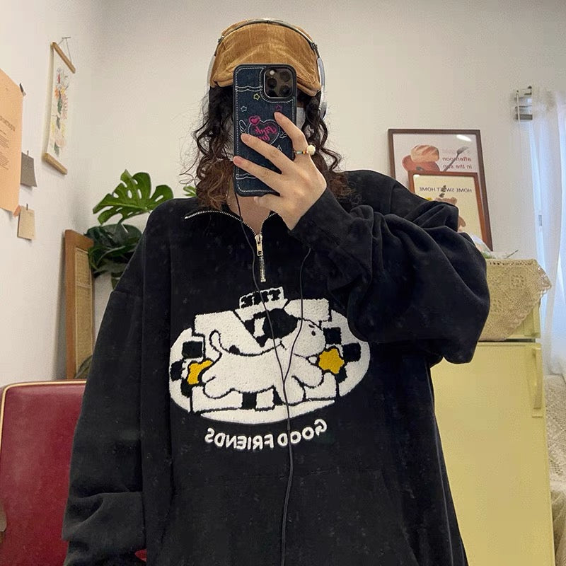 Oversize puppy embroidered shirt🩵