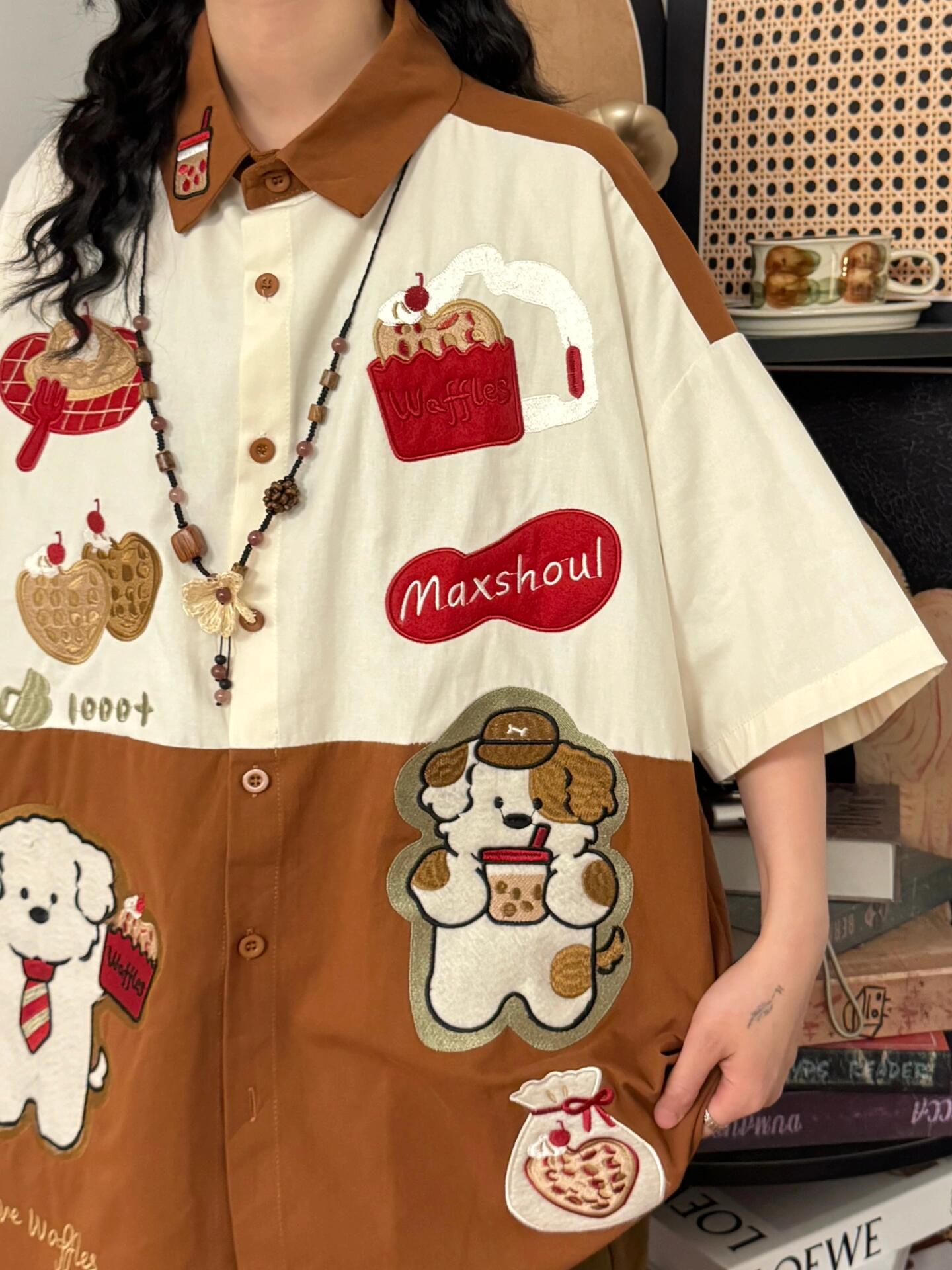 original puppy embroidery contrast color heavy loose large size short-sleeved shirt tops summer new trend