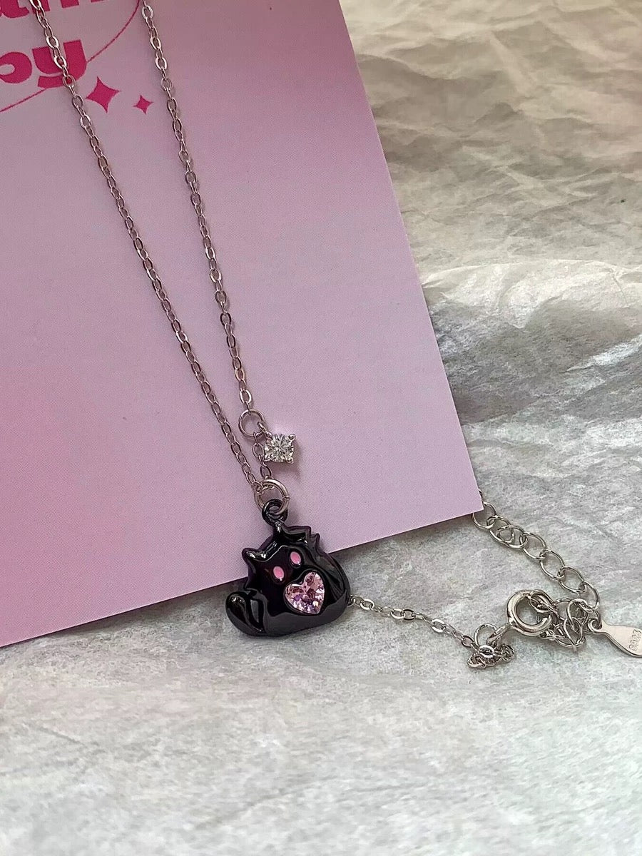 Black kitten necklace Pink pendant, 925 sterling silver💓💗