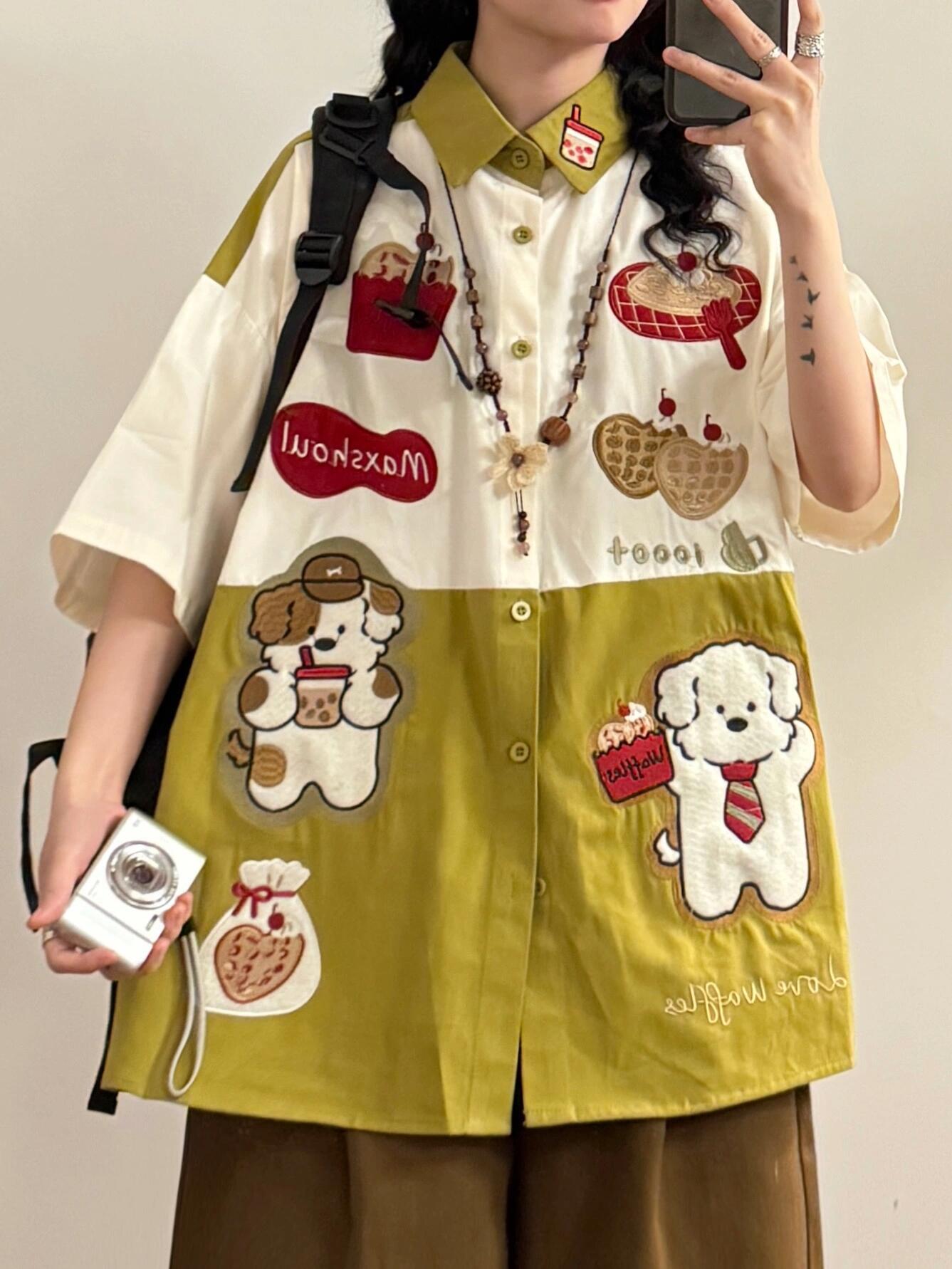 original puppy embroidery contrast color heavy loose large size short-sleeved shirt tops summer new trend