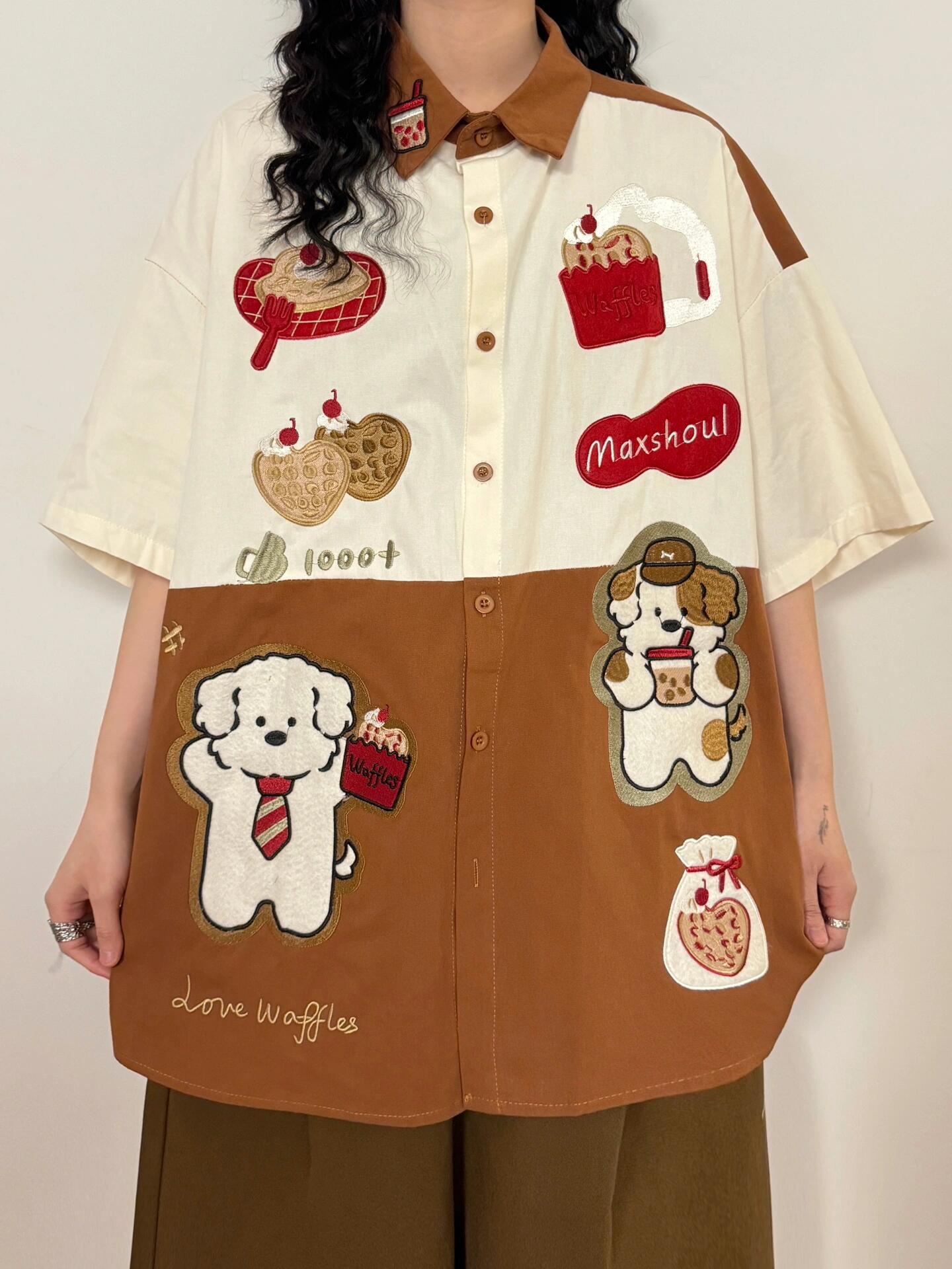 original puppy embroidery contrast color heavy loose large size short-sleeved shirt tops summer new trend