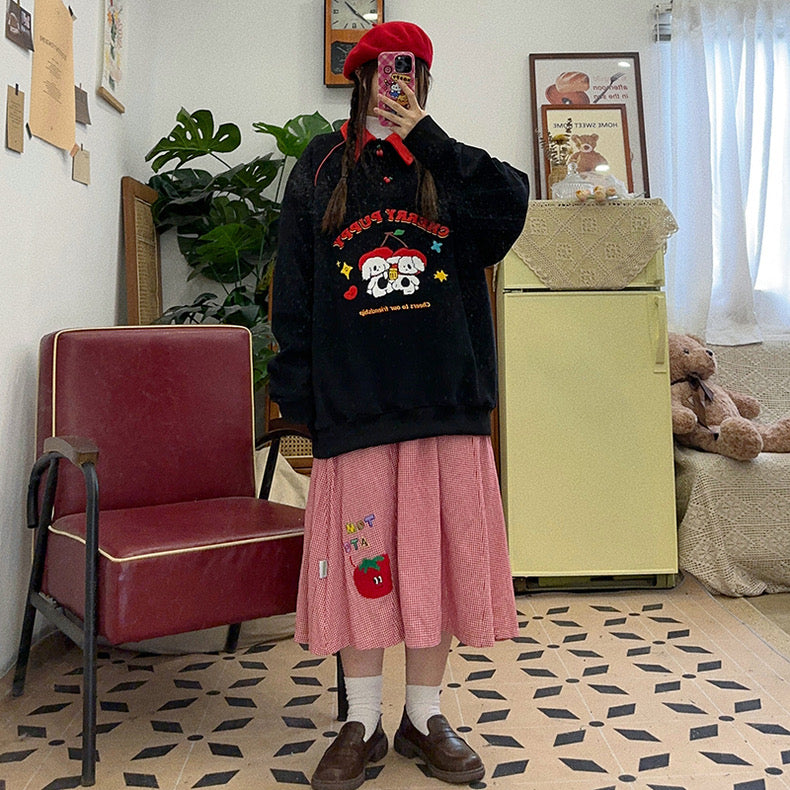 🍒Cute childlike retro contrasting color cherry plush puppy embroidered loose pullover sweatshirt top autumn and winter