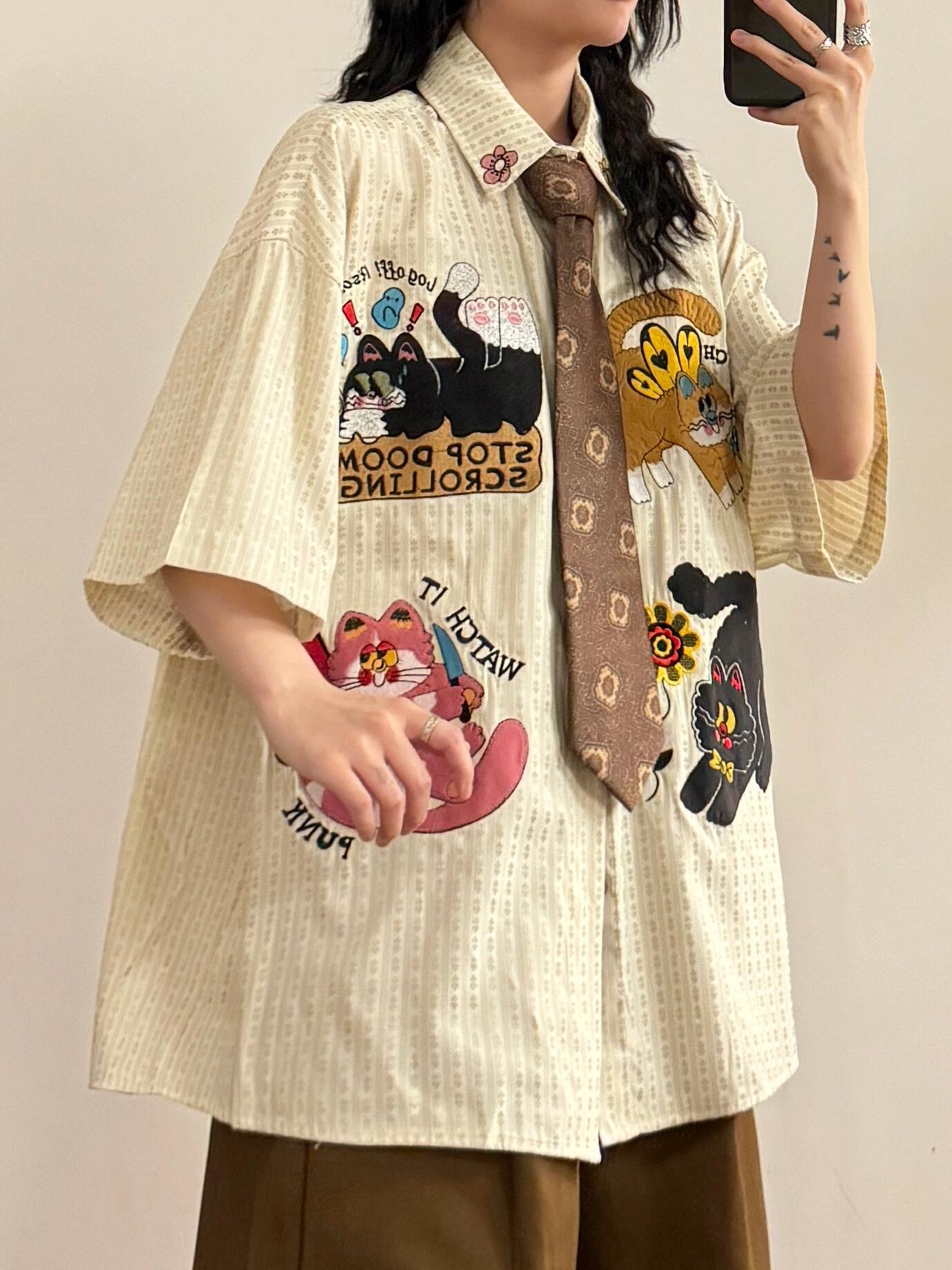 Summer Japanese Retro Personality Fun Cartoon Embroidery Floral Striped Short Sleeve Shirt Tops