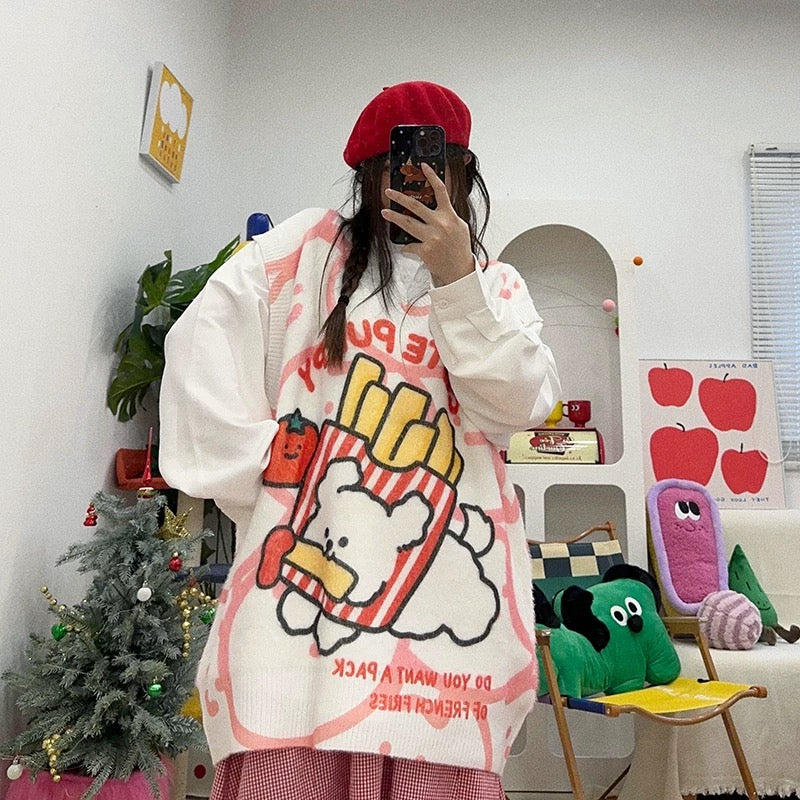 Vest with a pattern of French fries and a cute,Oversize sweater🍟🐶
