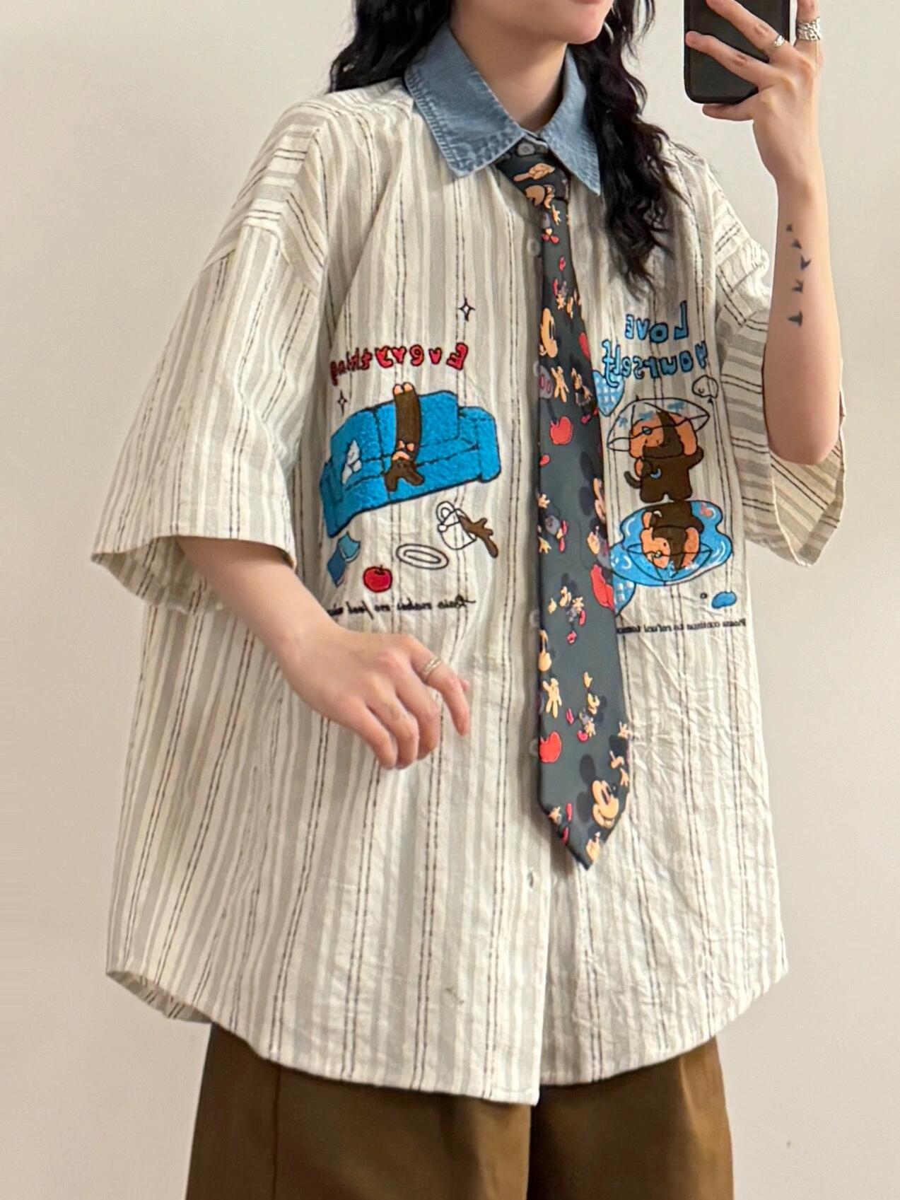 studio fun sofa puppy cat cartoon embroidered short-sleeved shirt summer loose college style shirt