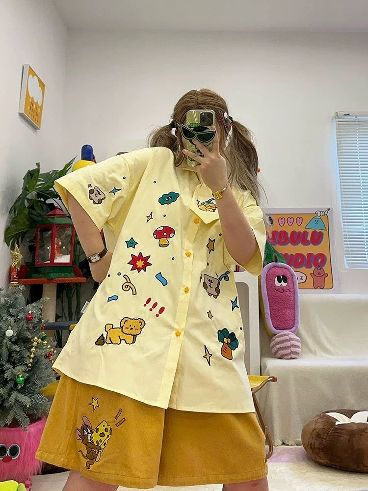 childlike cute ghost horse embroidery girl loose large size short-sleeved shirt top summer with tie