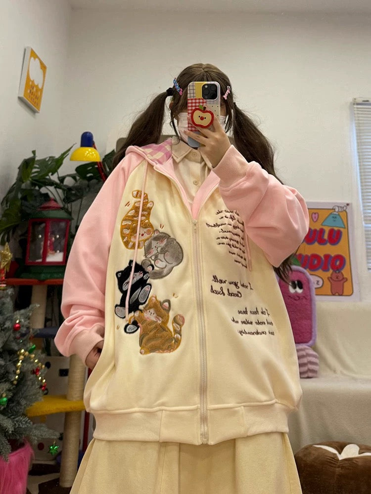 cute childlike original kitten embroidery contrast color raglan sleeve fleece hooded sweatshirt autumn and winter new