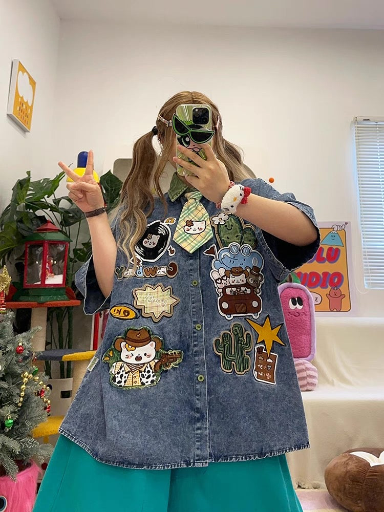 homemade cute cartoon embroidery washed loose large size short-sleeved denim shirt shirt with tie summer