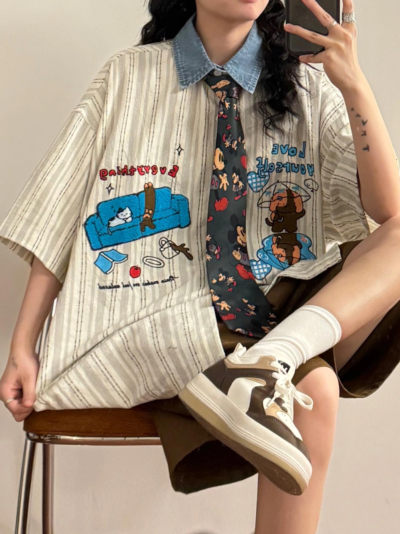 studio fun sofa puppy cat cartoon embroidered short-sleeved shirt summer loose college style shirt