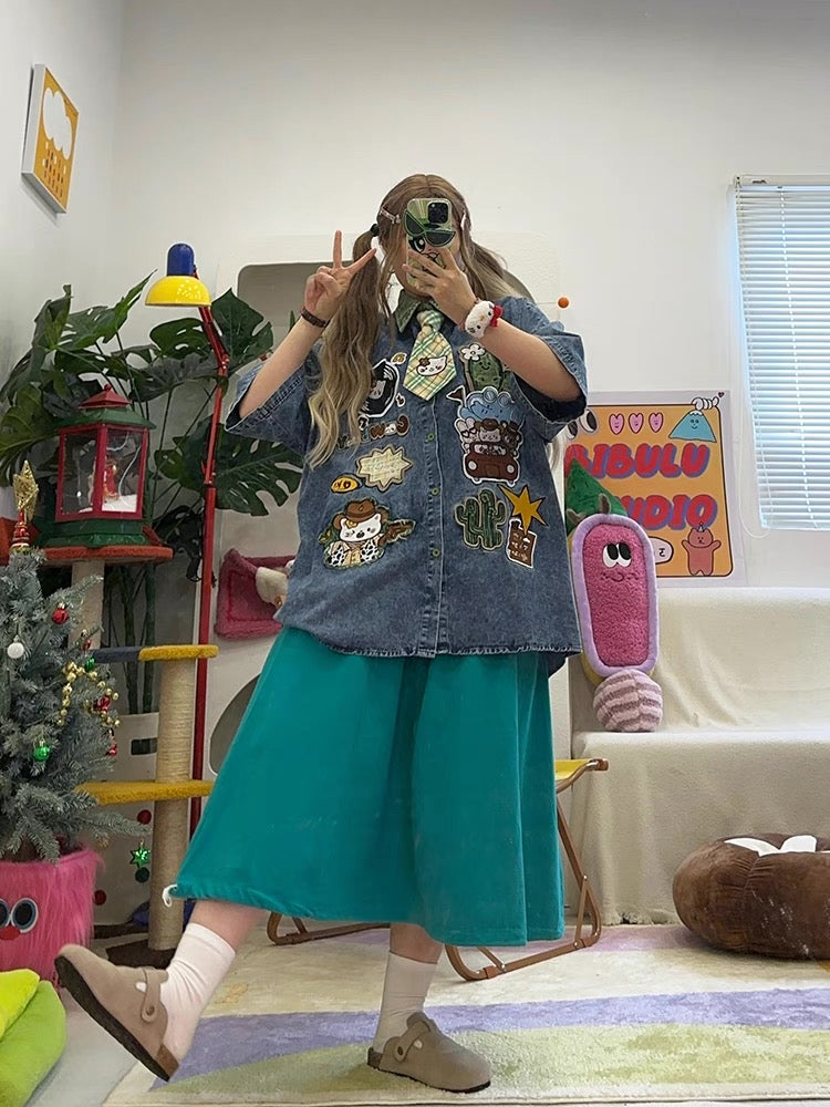 homemade cute cartoon embroidery washed loose large size short-sleeved denim shirt shirt with tie summer