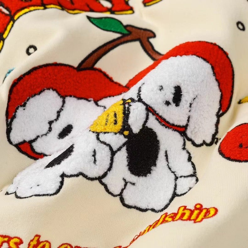 🍒Cute childlike retro contrasting color cherry plush puppy embroidered loose pullover sweatshirt top autumn and winter