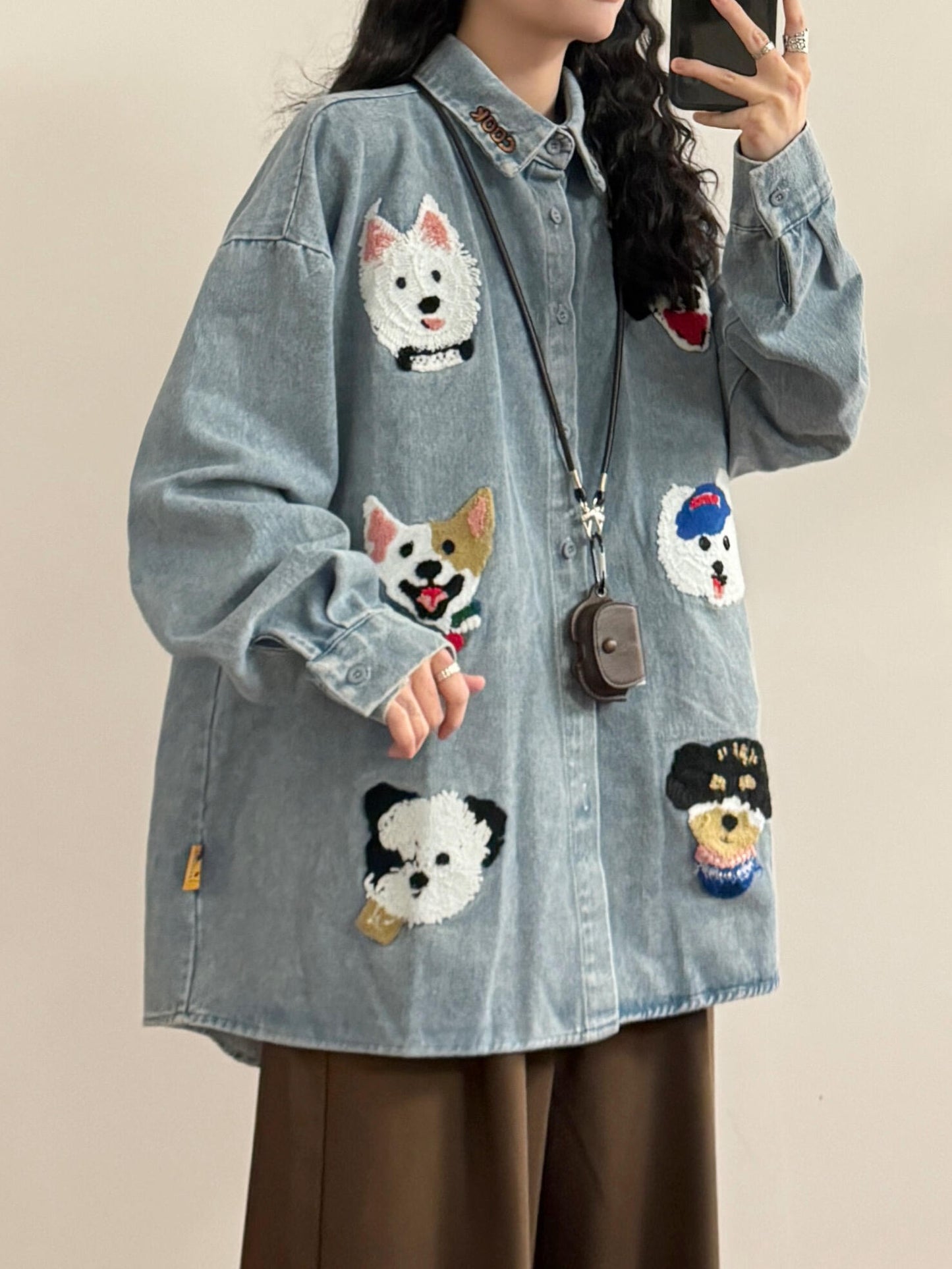 Summer American Retro Childlike Cartoon Dog Towel Embroidery Long Sleeve Shirt Tops Women's Trend