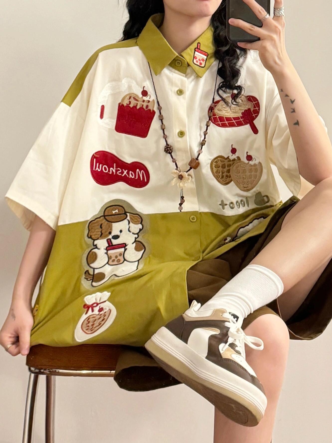 original puppy embroidery contrast color heavy loose large size short-sleeved shirt tops summer new trend