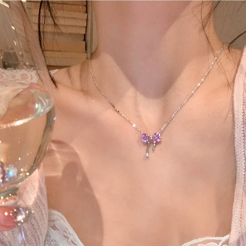 Sweet girl representative pink bow tassel necklace new niche design S925π