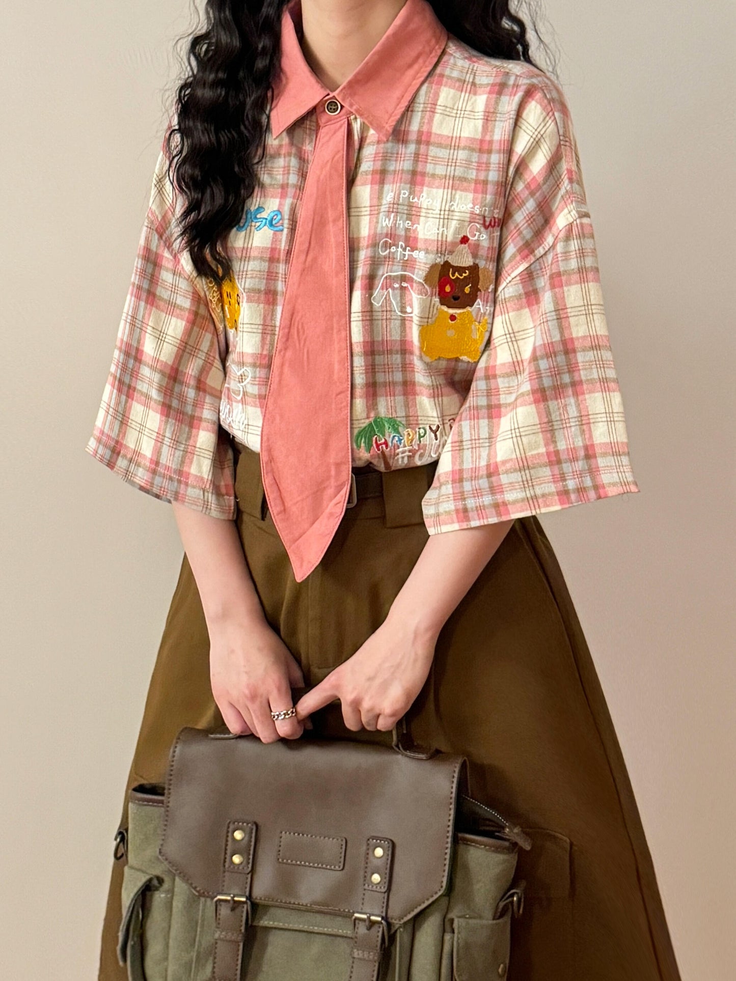 Summer Japanese Retro Fun Cartoon Embroidery Tie Plaid Casual Short Sleeve Shirt Tops Women