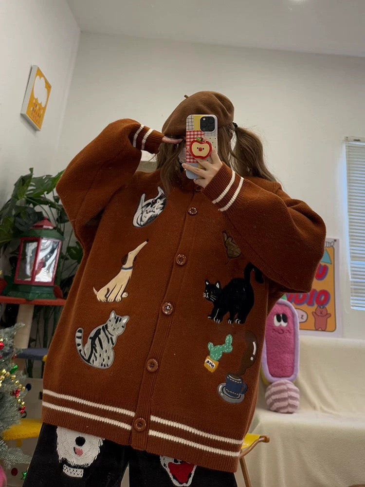 Vintage Angora Red Coffee Embroidery Loose Round Neck Button Cardigan Sweater Top Autumn and Winter Thick Wool