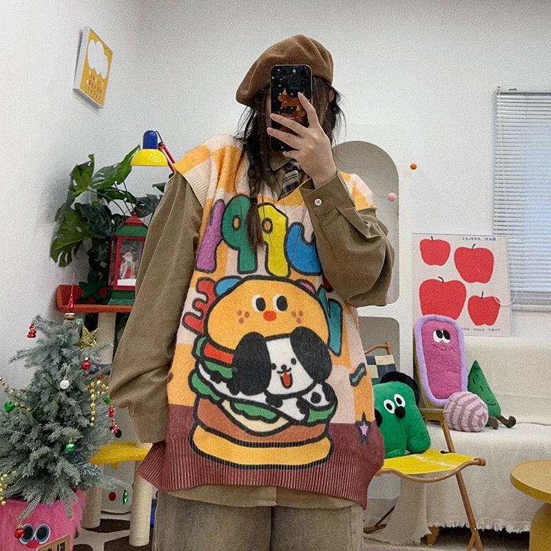Innocent cute puppy burger pattern vest oversize oversized sweater🐶🍔