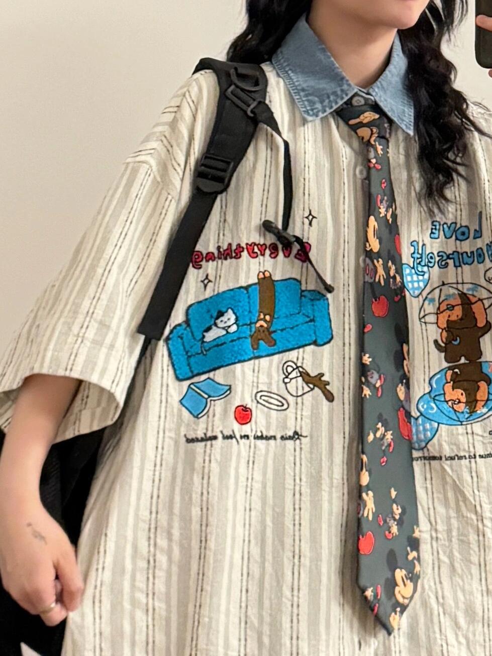 studio fun sofa puppy cat cartoon embroidered short-sleeved shirt summer loose college style shirt