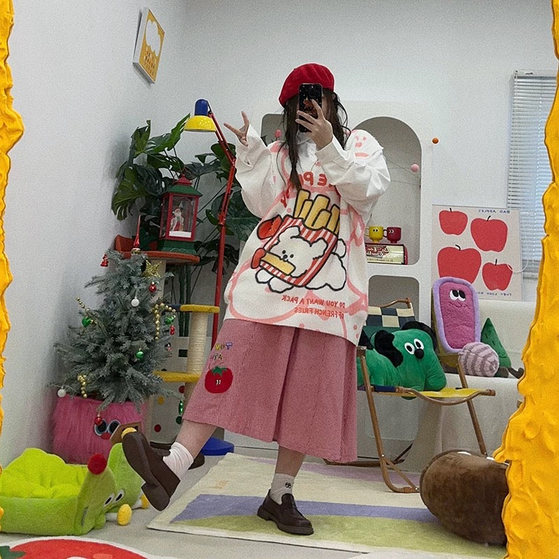 Vest with a pattern of French fries and a cute,Oversize sweater🍟🐶