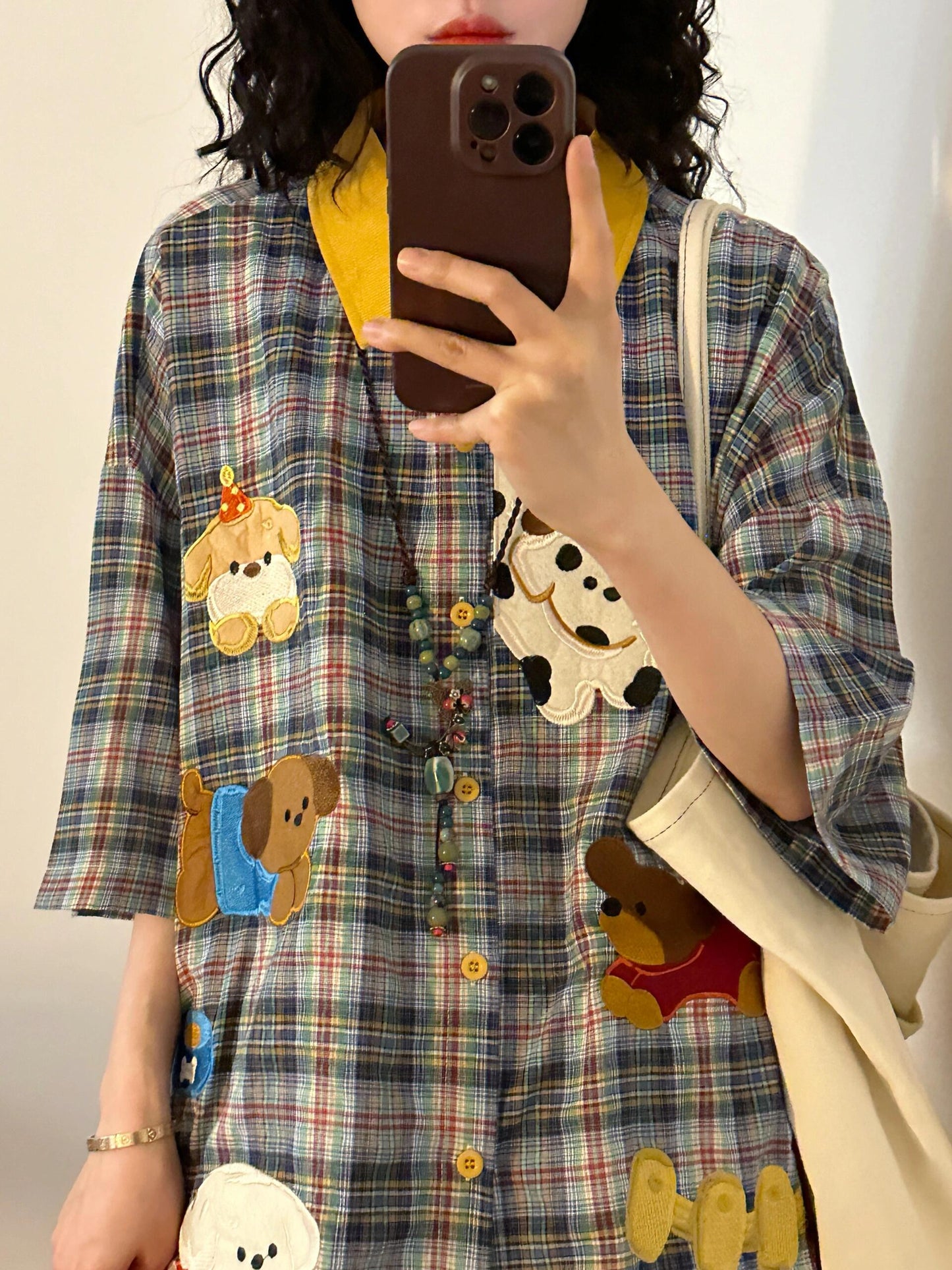 retro puppy embroidery plaid contrast color short-sleeved shirt loose large size half-sleeved top summer men and women