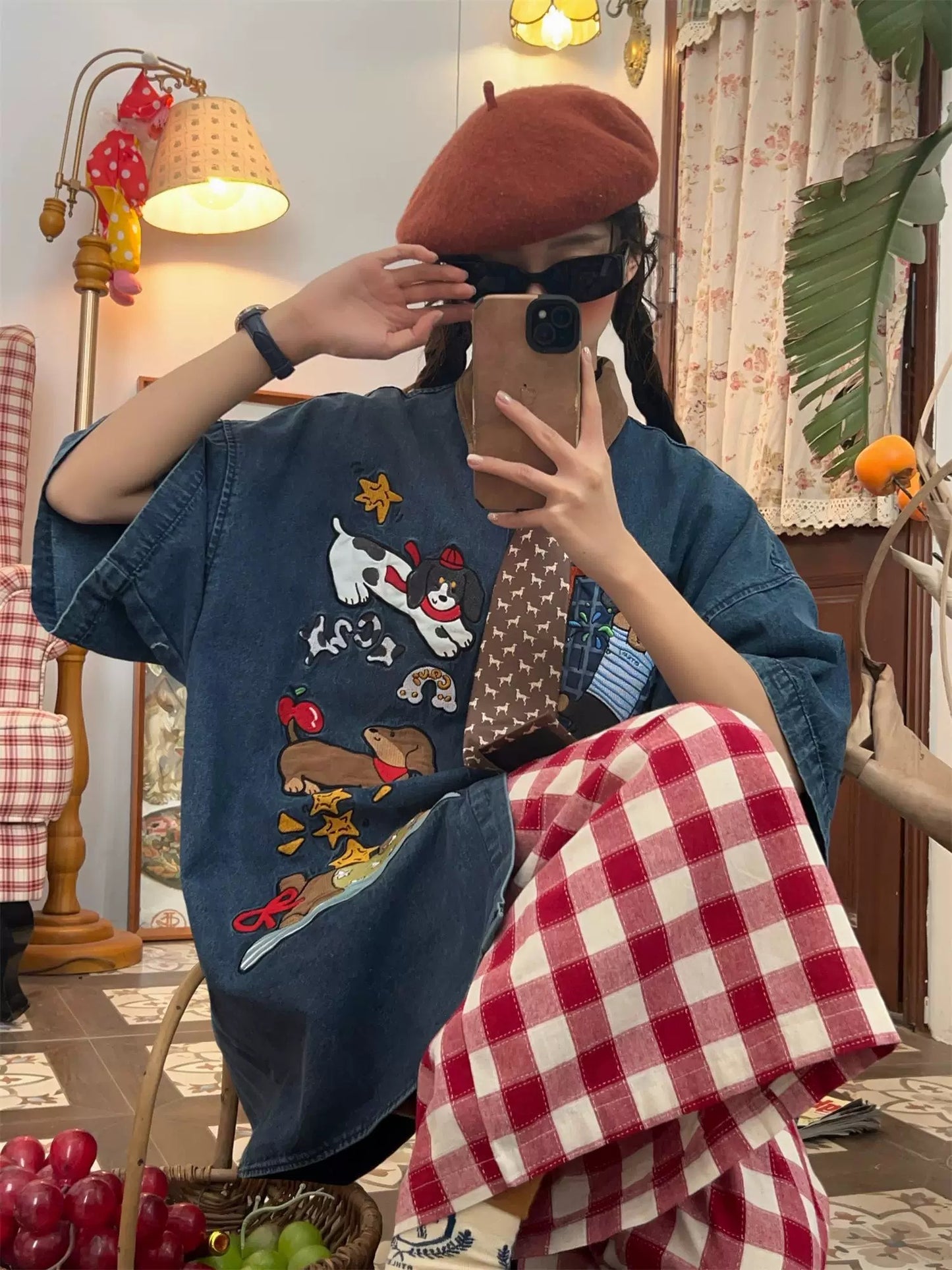 embroidered retro denim short-sleeved shirt trendy brand loose niche fun short-sleeved top