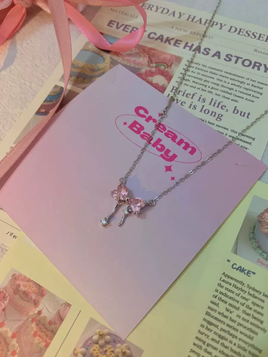 Sweet girl representative pink bow tassel necklace new niche design S925π