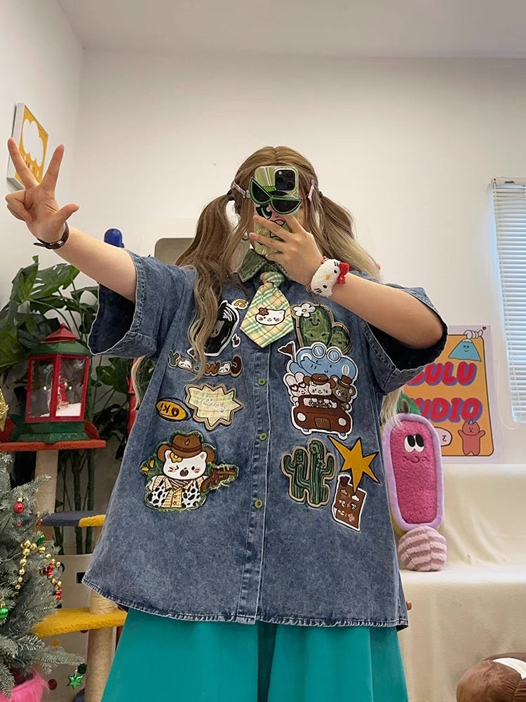 homemade cute cartoon embroidery washed loose large size short-sleeved denim shirt shirt with tie summer