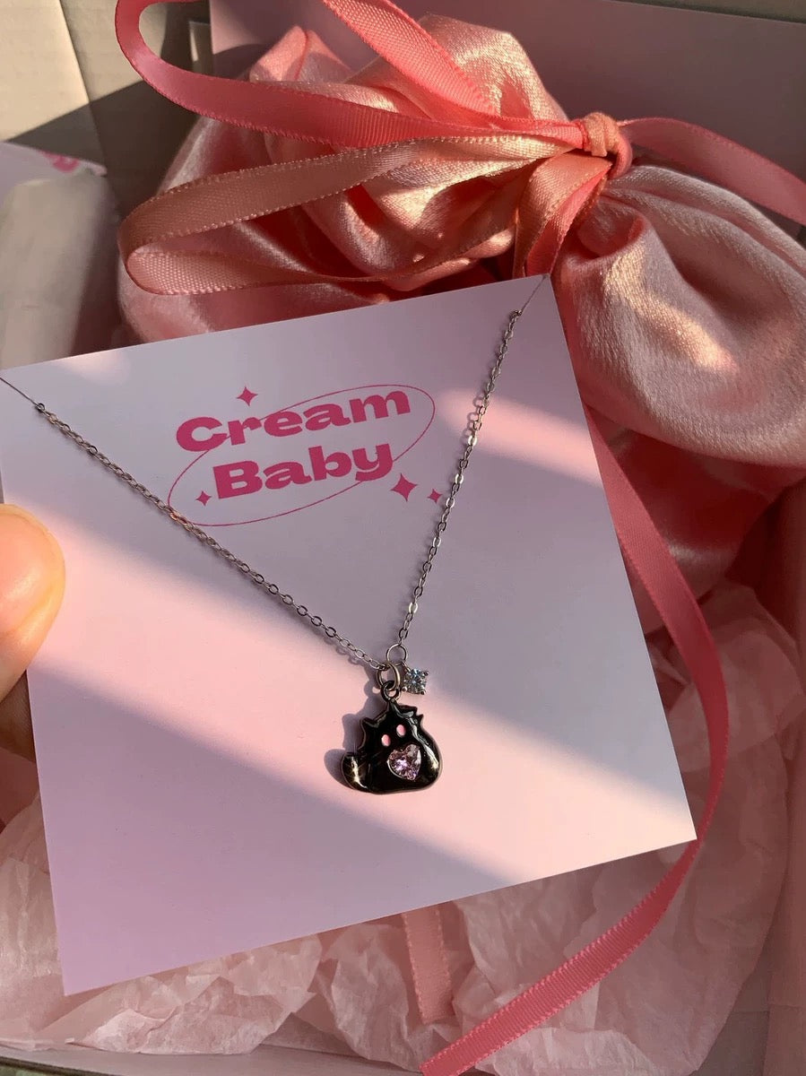 Black kitten necklace Pink pendant, 925 sterling silver💓💗