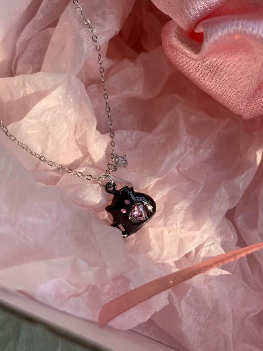 Black kitten necklace Pink pendant, 925 sterling silver💓💗