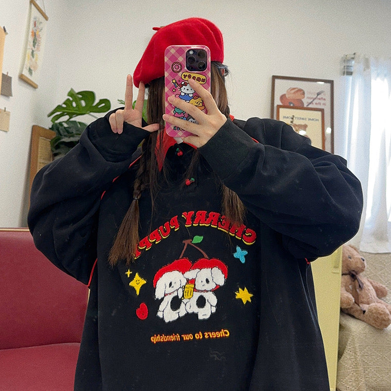 🍒Cute childlike retro contrasting color cherry plush puppy embroidered loose pullover sweatshirt top autumn and winter
