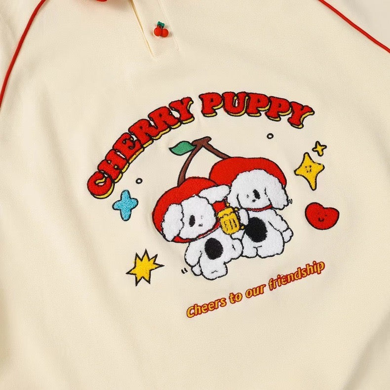 🍒Cute childlike retro contrasting color cherry plush puppy embroidered loose pullover sweatshirt top autumn and winter