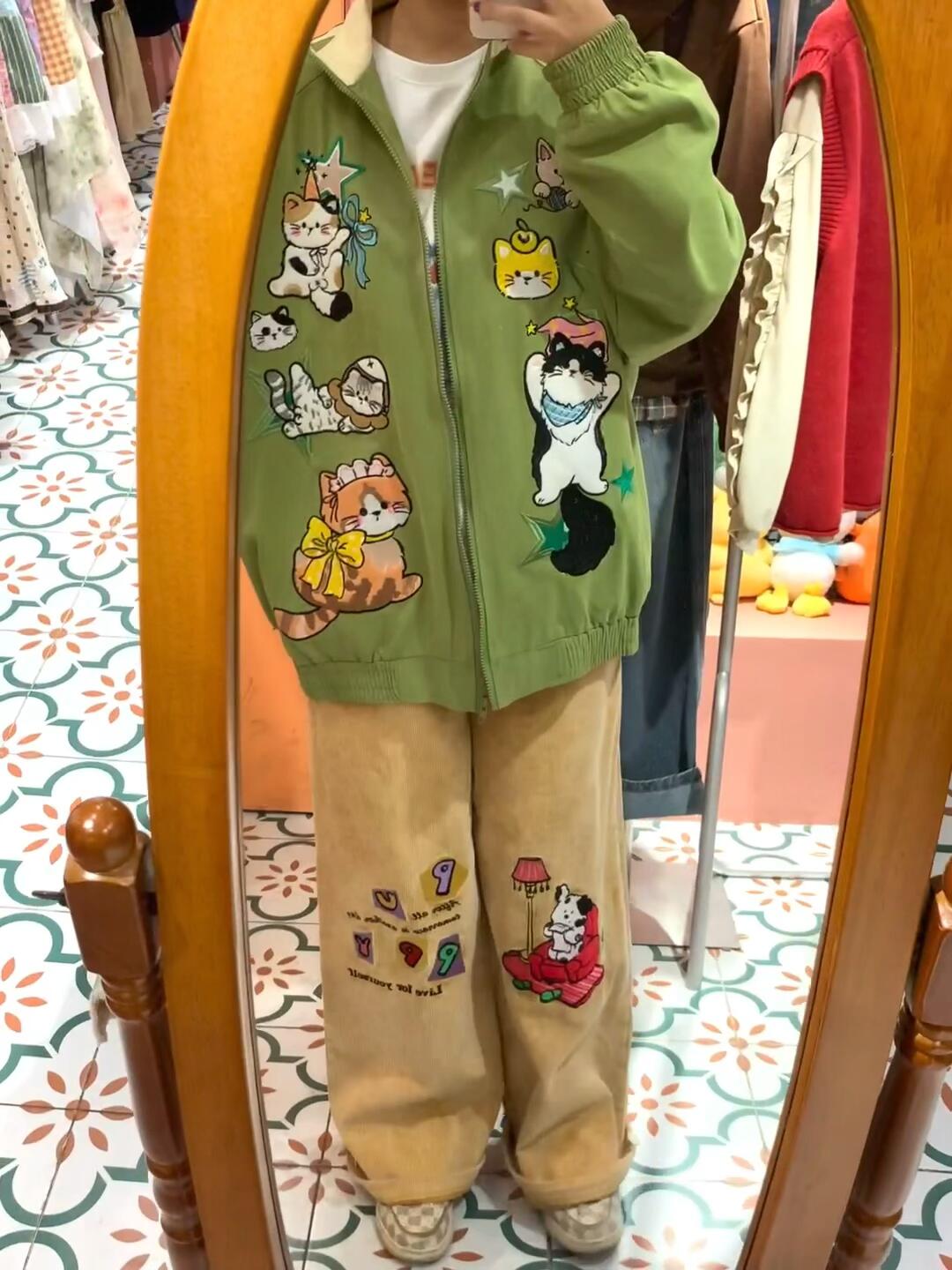 Cute kitten embroidery retro avocado green contrast color stand collar jacket autumn and winter new