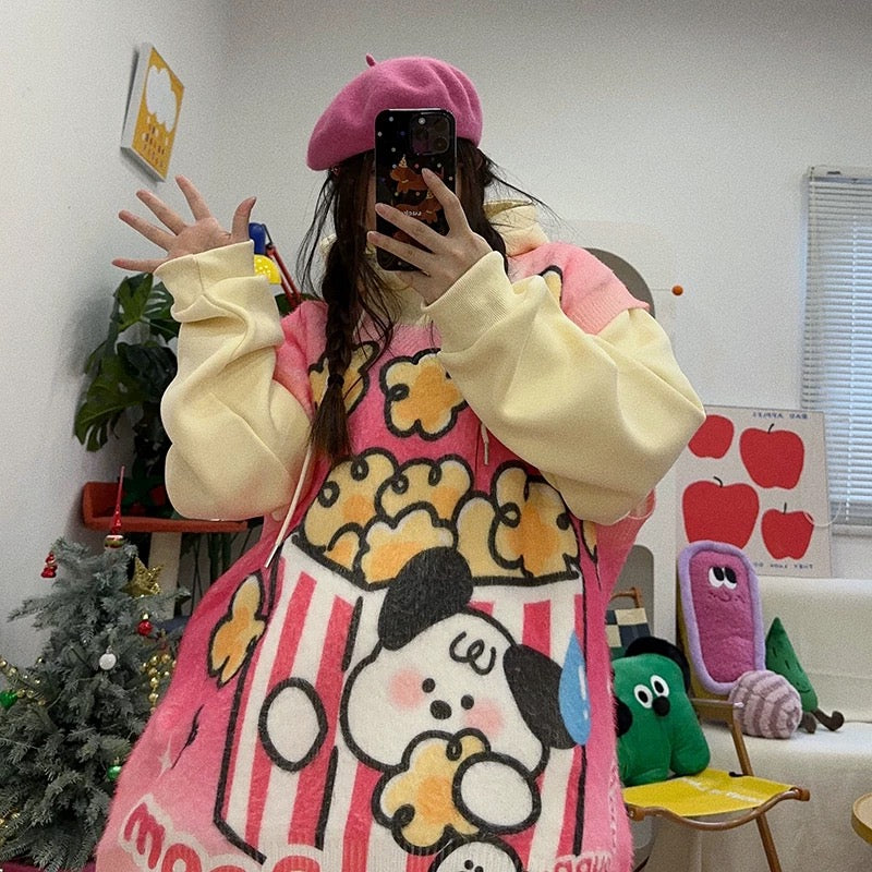 Vest with dog pattern and popcorn bucket, oversize shirt🍿🐶