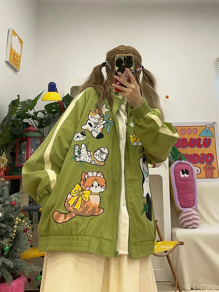Cute kitten embroidery retro avocado green contrast color stand collar jacket autumn and winter new