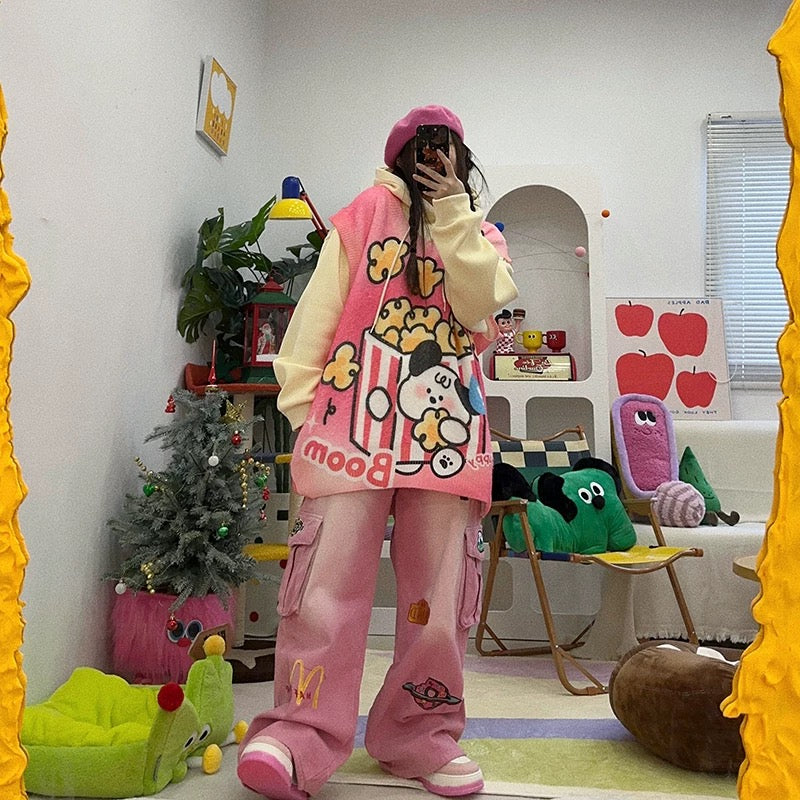 Vest with dog pattern and popcorn bucket, oversize shirt🍿🐶