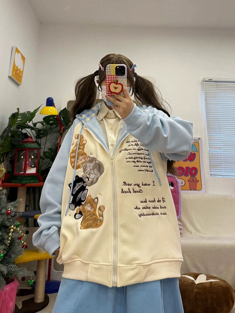 cute childlike original kitten embroidery contrast color raglan sleeve fleece hooded sweatshirt autumn and winter new