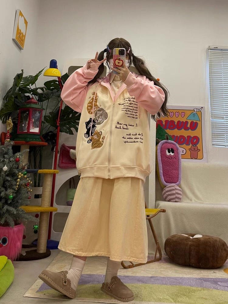 cute childlike original kitten embroidery contrast color raglan sleeve fleece hooded sweatshirt autumn and winter new
