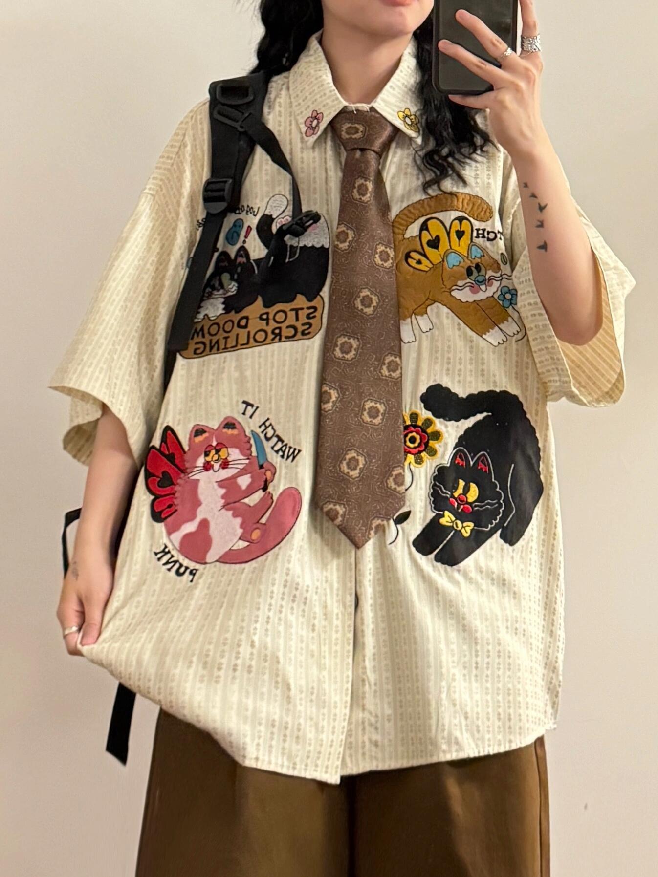 Summer Japanese Retro Personality Fun Cartoon Embroidery Floral Striped Short Sleeve Shirt Tops