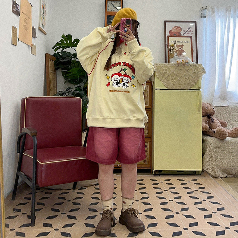 🍒Cute childlike retro contrasting color cherry plush puppy embroidered loose pullover sweatshirt top autumn and winter