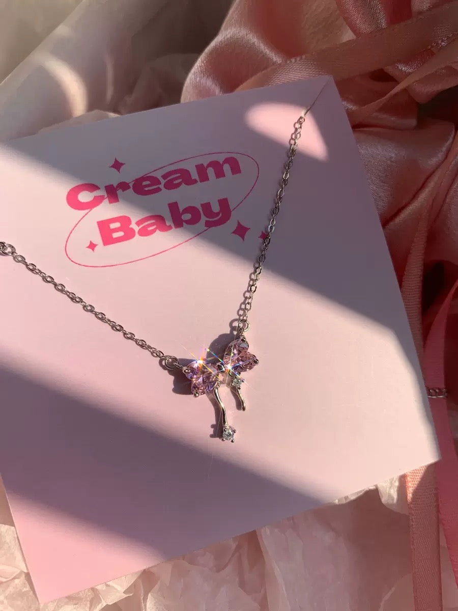 Sweet girl representative pink bow tassel necklace new niche design S925π