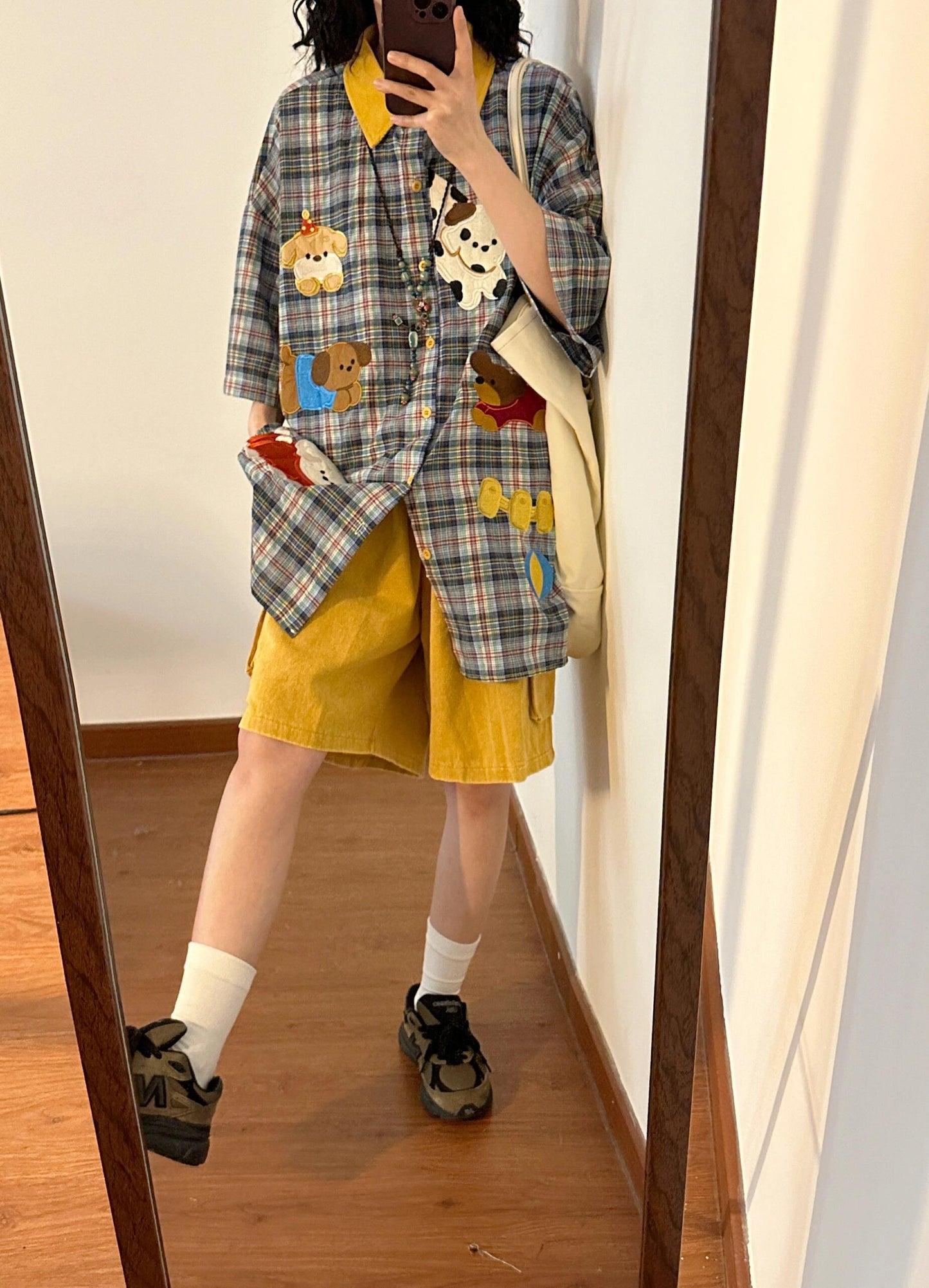 retro puppy embroidery plaid contrast color short-sleeved shirt loose large size half-sleeved top summer men and women