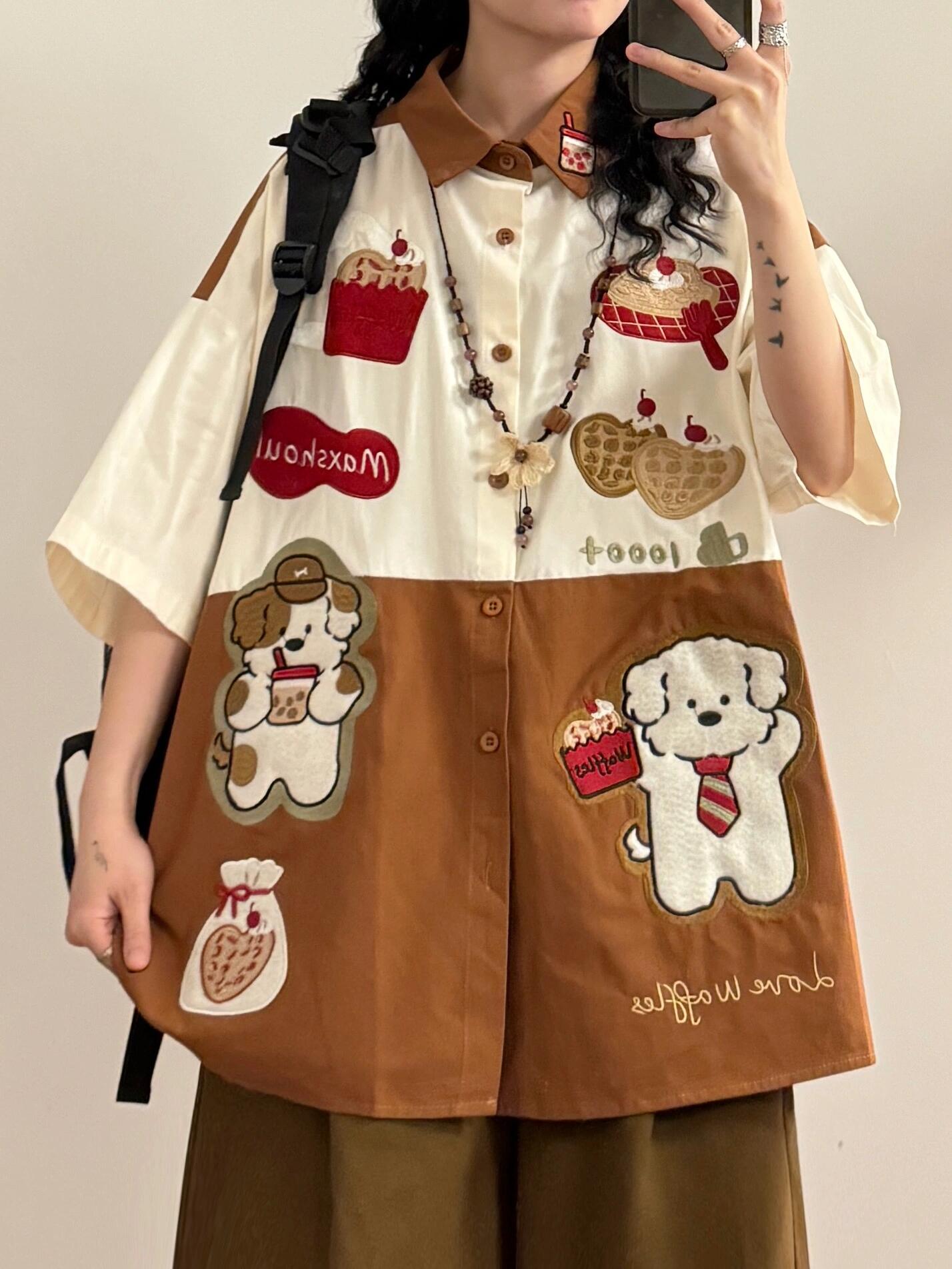 original puppy embroidery contrast color heavy loose large size short-sleeved shirt tops summer new trend